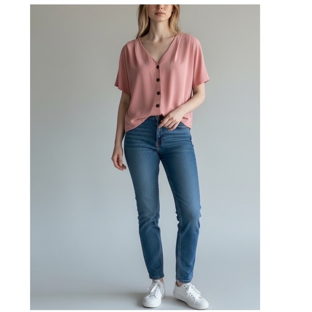 ELODIE Peach Blush Button Down Blouse M|Soft Girl‎ Parisian Chic Coquette